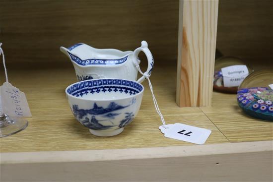 A Worcester blue and white sauceboat and a similar fisherman and cormorant teabowl c. 1770-90